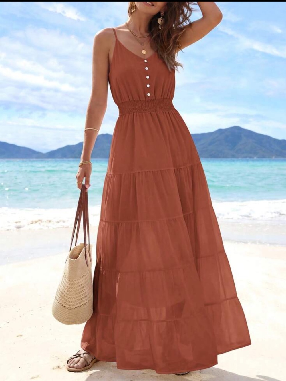 Sleeveless Brick Red Maxi Dress with Smocked Waist